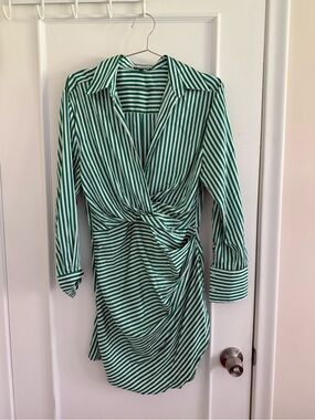 Fashion Nova Green and White Striped Mini Wrap Dress